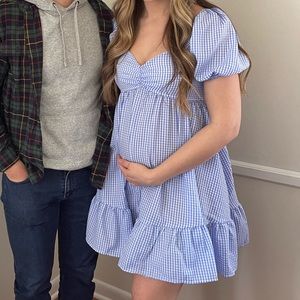 SHEIN Blue Gingham puff sleeve dress ruffle hem size M like new! Worn once